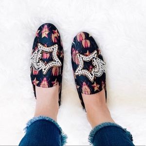 Sam Edelman Pelham Star Crystal Black Multi Slip On Beetle Mule - Size 9.5